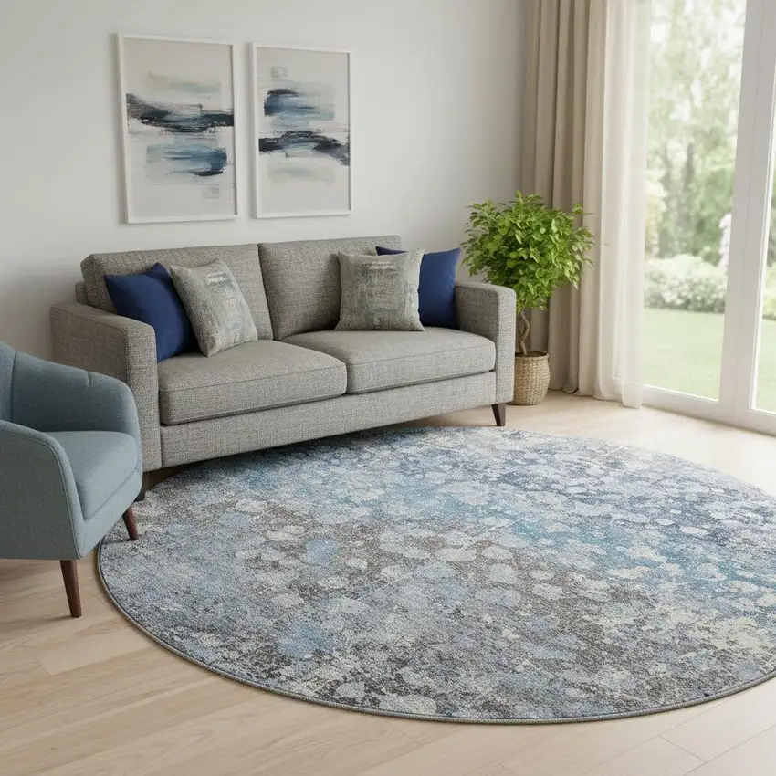 8' Blue And Gray Abstract Washable Round Rug With UV Protection Photo 2