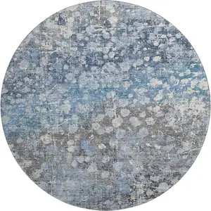 Photo of 8' Blue And Gray Abstract Washable Round Rug With UV Protection