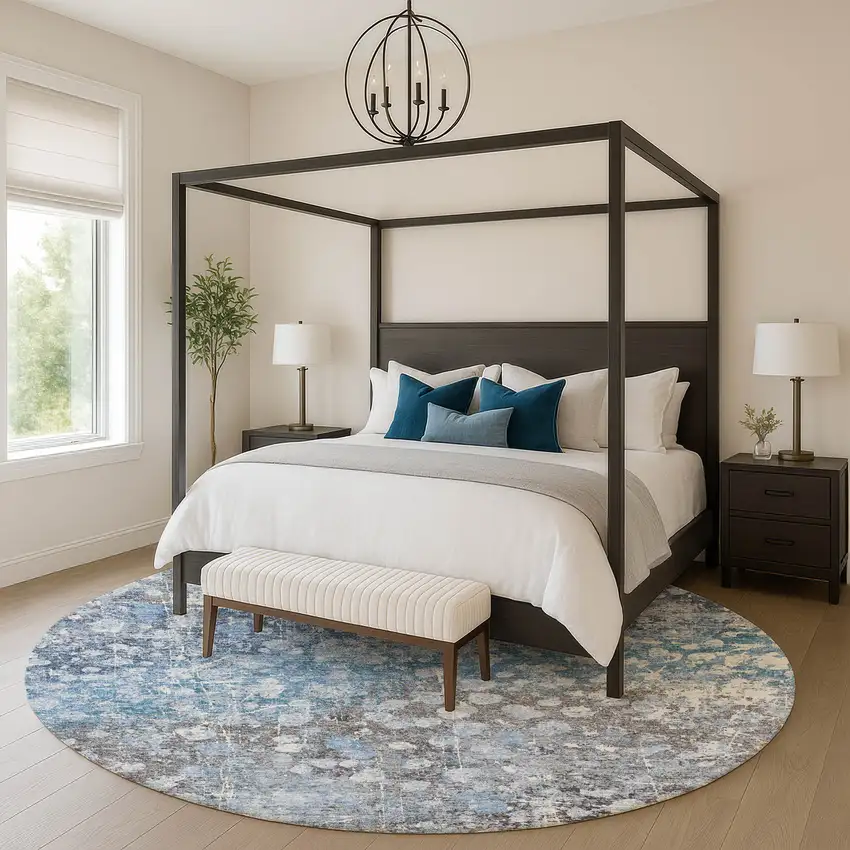 8' Blue And Gray Abstract Washable Round Rug With UV Protection Photo 5