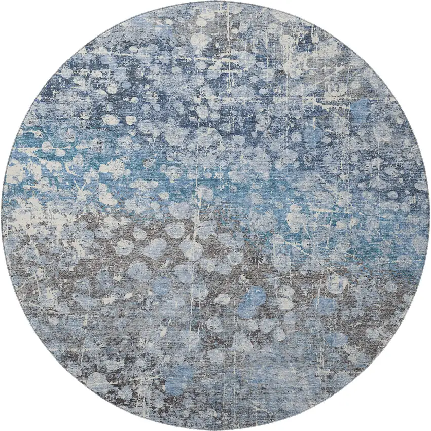 8' Blue And Gray Abstract Washable Round Rug With UV Protection Photo 4