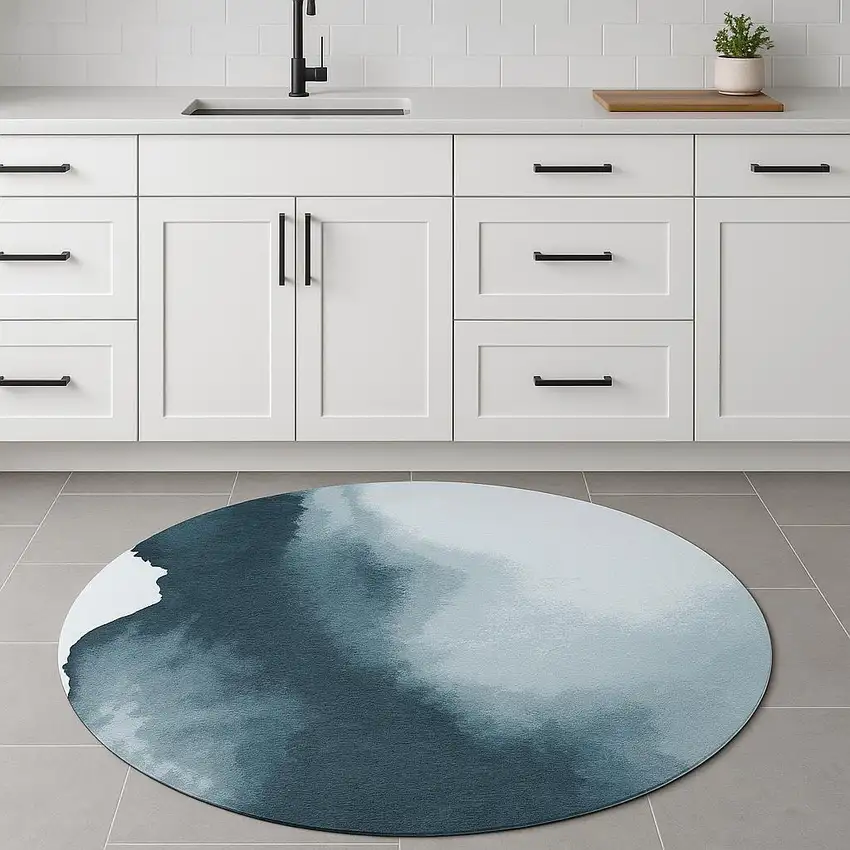 5' Blue And Gray Abstract Washable Round Rug Photo 1