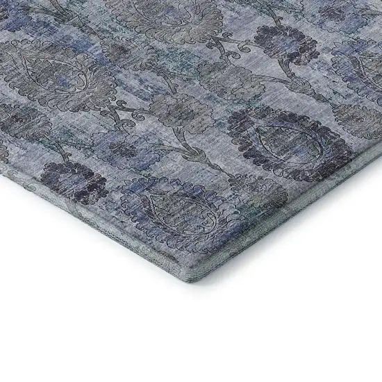 8' Blue And Gray Damask Washable Round Rug With UV Protection Photo 7
