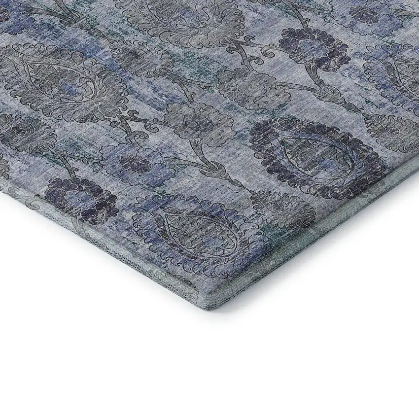 8' Blue And Gray Damask Washable Round Rug With UV Protection Photo 7