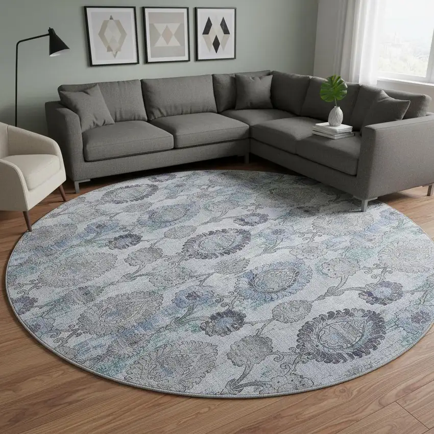 8' Blue And Gray Damask Washable Round Rug With UV Protection Photo 2