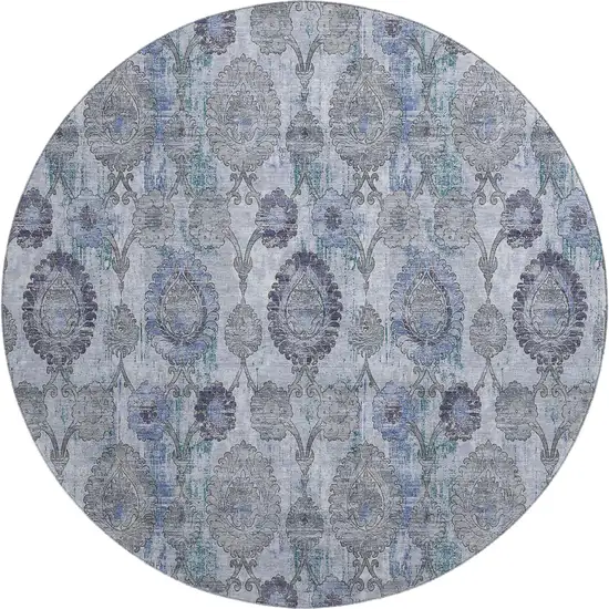8' Blue And Gray Damask Washable Round Rug With UV Protection Photo 1