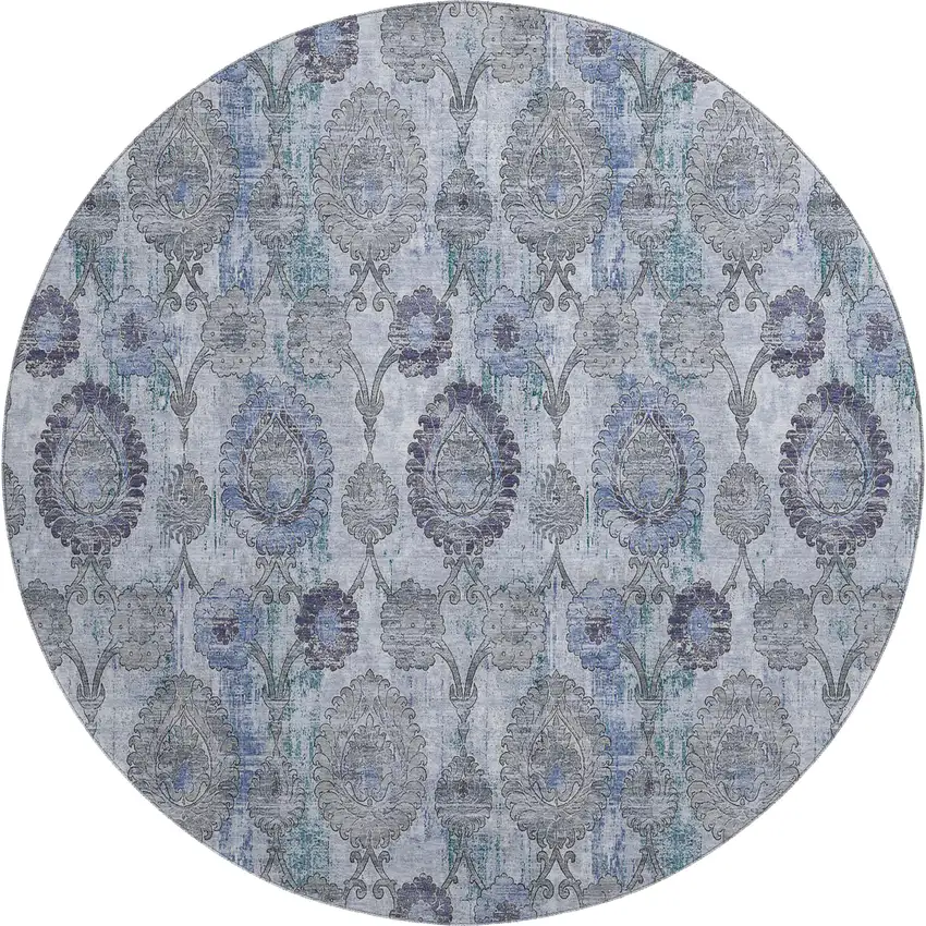 8' Blue And Gray Damask Washable Round Rug With UV Protection Photo 1