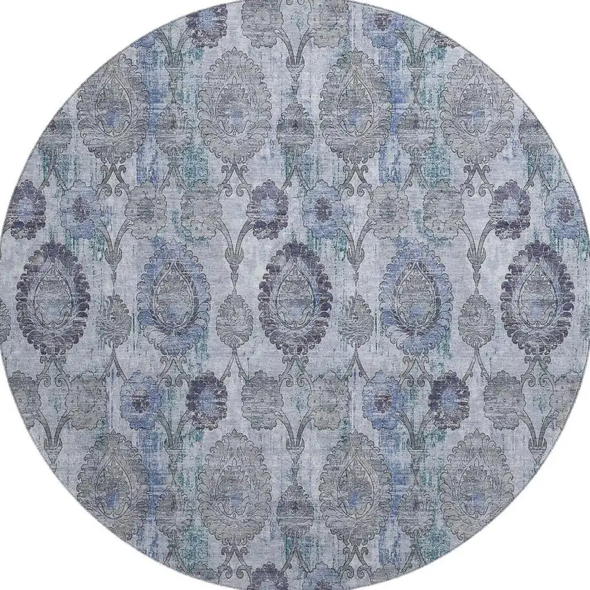 8' Blue And Gray Damask Washable Round Rug With UV Protection Photo 3