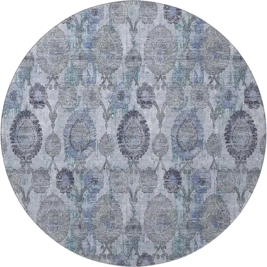 8' Blue And Gray Damask Washable Round Rug With UV Protection Photo 4