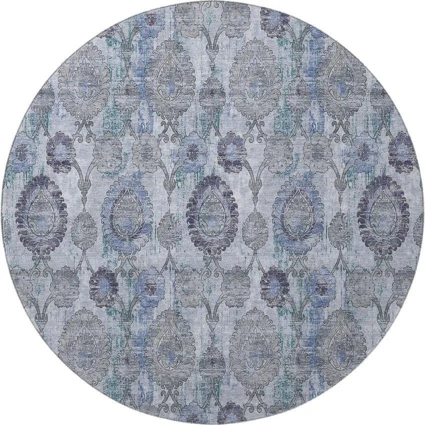 8' Blue And Gray Damask Washable Round Rug With UV Protection Photo 4