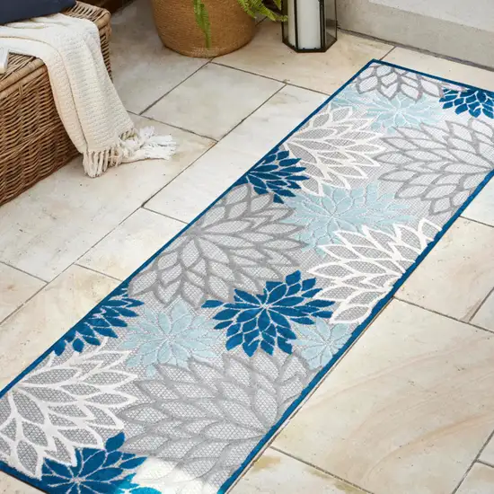 8' Blue And Gray Floral Indoor Outdoor Runner Rug Photo 5