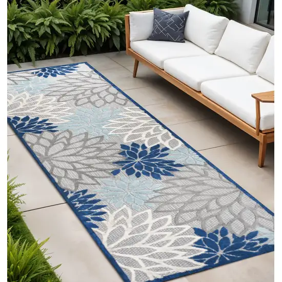 8' Blue And Gray Floral Indoor Outdoor Runner Rug Photo 1