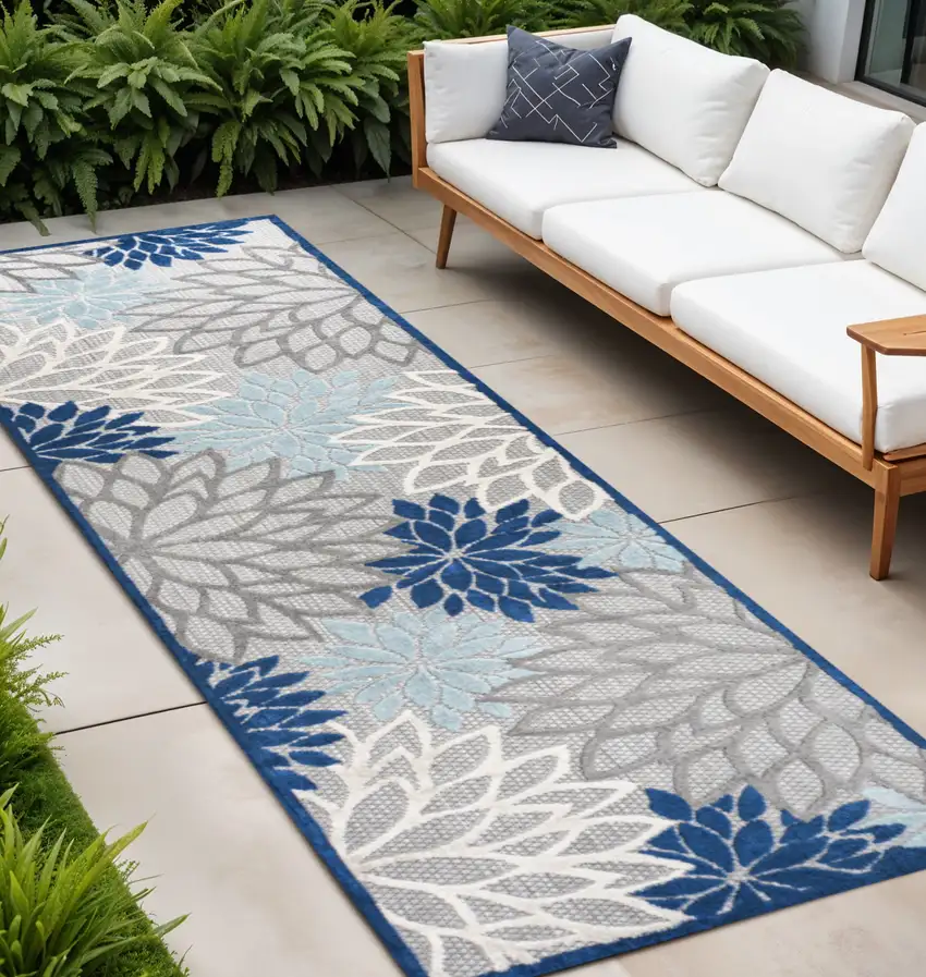 8' Blue And Gray Floral Indoor Outdoor Runner Rug Photo 1