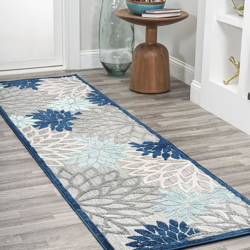 8' Blue And Gray Floral Indoor Outdoor Runner Rug Photo 4
