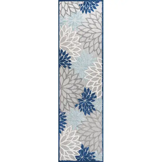 8' Blue And Gray Floral Indoor Outdoor Runner Rug Photo 2