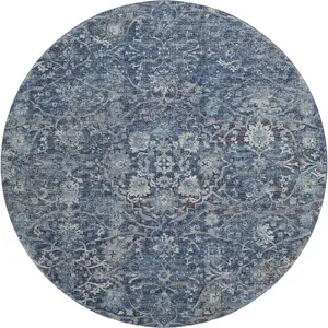 Photo of 8' Blue And Gray Floral Medallion Washable Round Rug With UV Protection