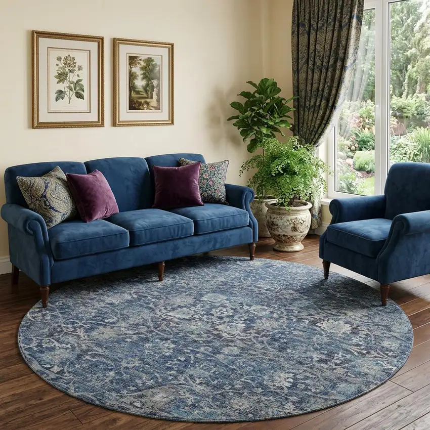 8' Blue And Gray Floral Medallion Distressed Washable Round Rug With UV Protection Photo 1