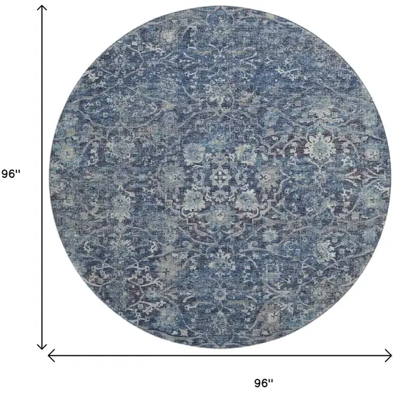 8' Blue And Gray Floral Medallion Washable Round Rug With UV Protection Photo 3