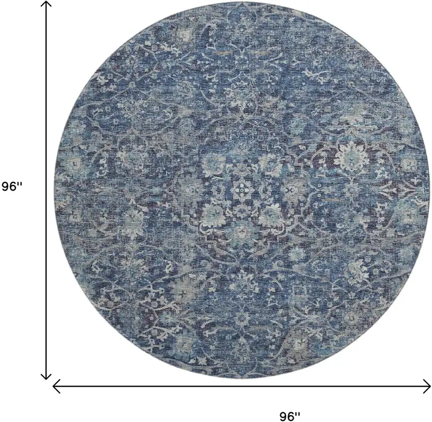 8' Blue And Gray Floral Medallion Washable Round Rug With UV Protection Photo 3
