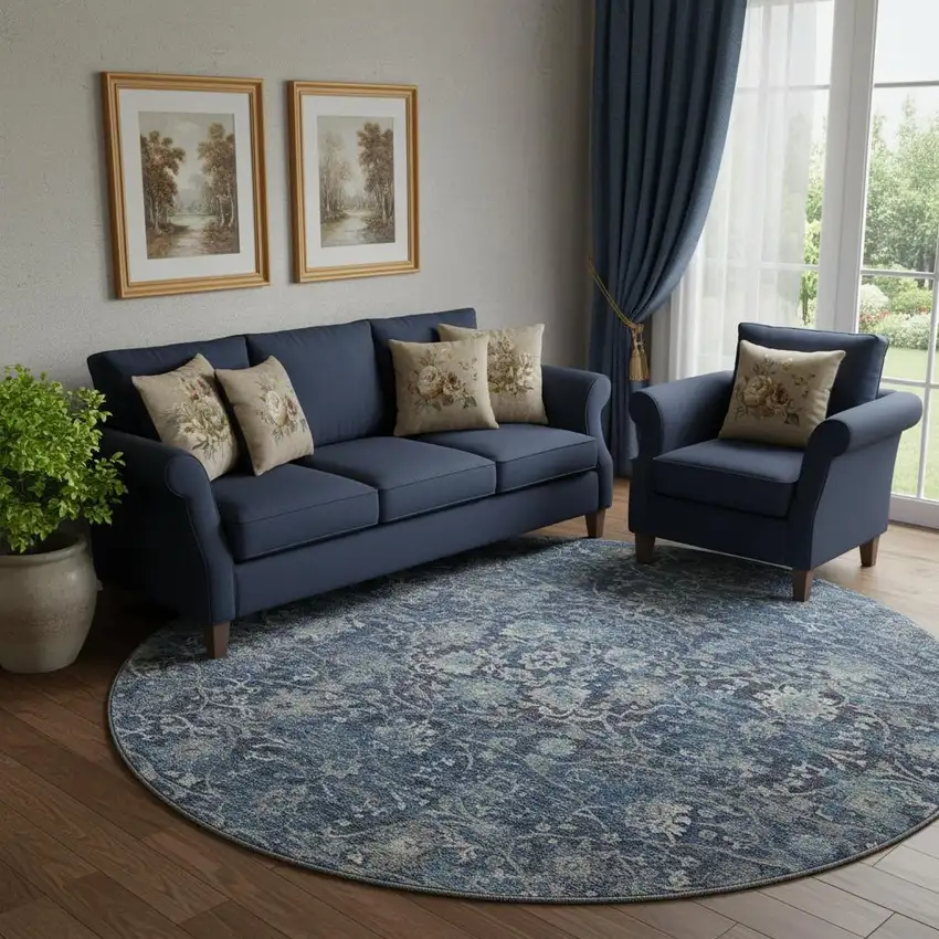 8' Blue And Gray Floral Medallion Washable Round Rug With UV Protection Photo 1