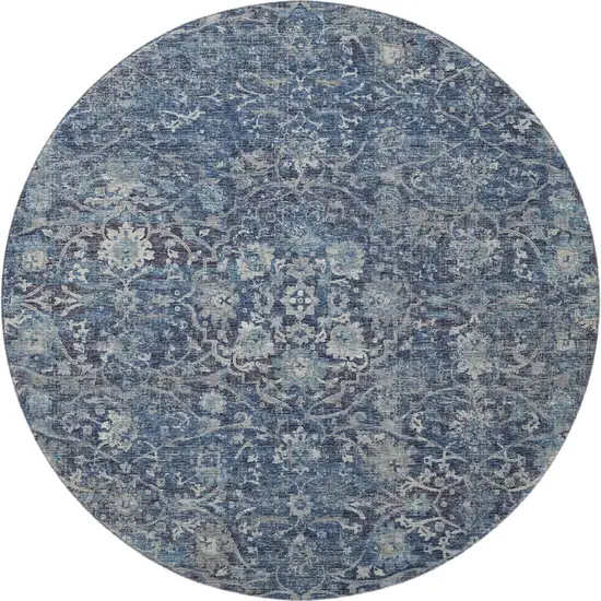 8' Blue And Gray Floral Medallion Washable Round Rug With UV Protection Photo 5