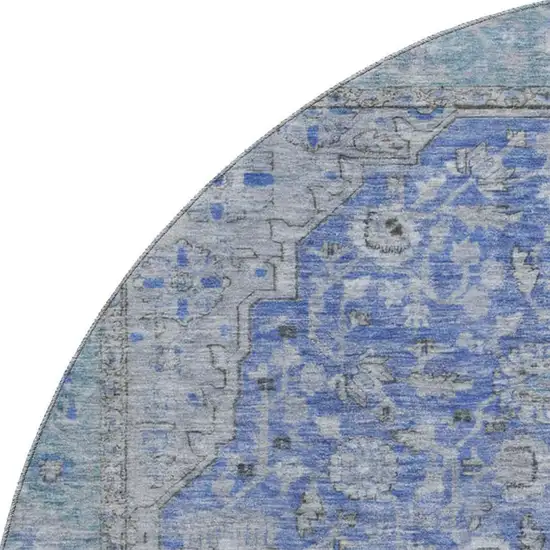 8' Blue And Gray Floral Medallion Washable Round Rug With UV Protection Photo 2