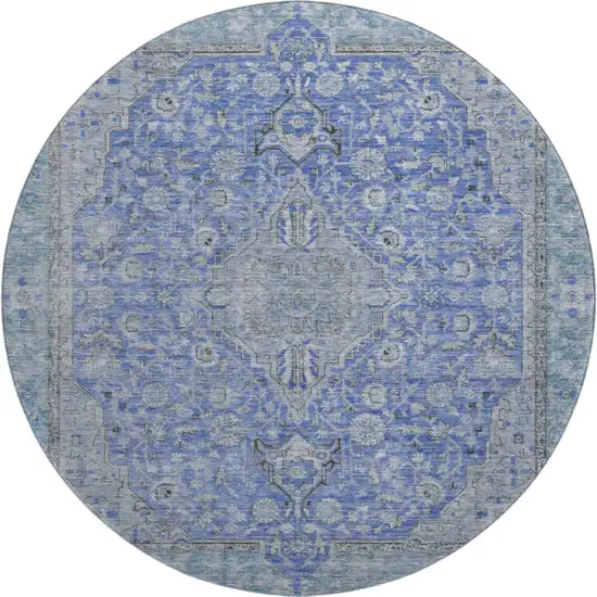 8' Blue And Gray Floral Medallion Washable Round Rug With UV Protection Photo 1