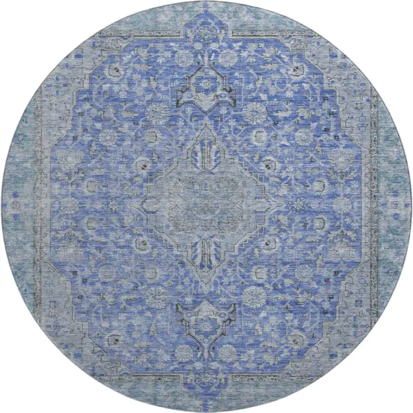 8' Blue And Gray Floral Medallion Washable Round Rug With UV Protection Photo 1