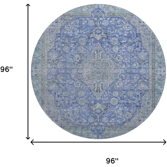 8' Blue And Gray Floral Medallion Washable Round Rug With UV Protection Photo 9