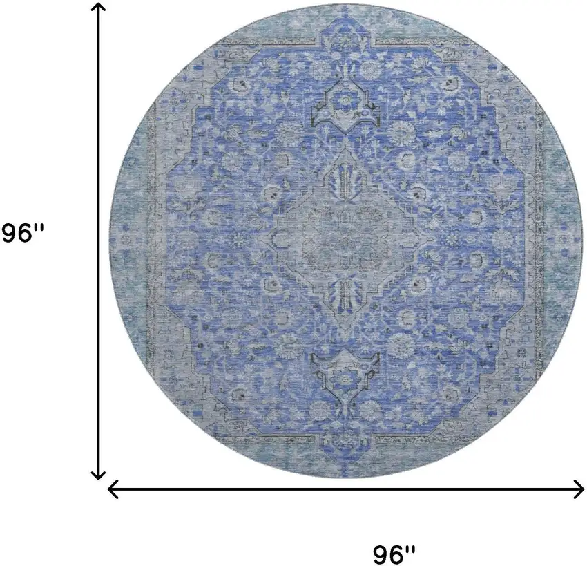 8' Blue And Gray Floral Medallion Washable Round Rug With UV Protection Photo 9