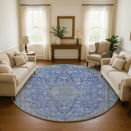 8' Blue And Gray Floral Medallion Washable Round Rug With UV Protection Photo 4