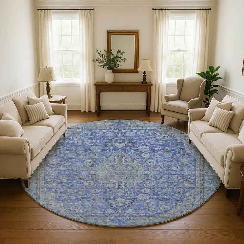 8' Blue And Gray Floral Medallion Washable Round Rug With UV Protection Photo 4