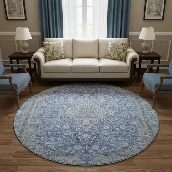 8' Blue And Gray Floral Medallion Washable Round Rug With UV Protection Photo 2