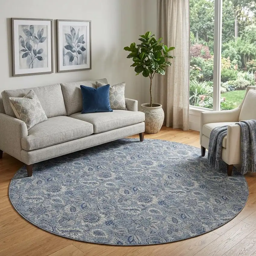 8' Blue And Gray Floral Washable Round Rug With UV Protection Photo 1