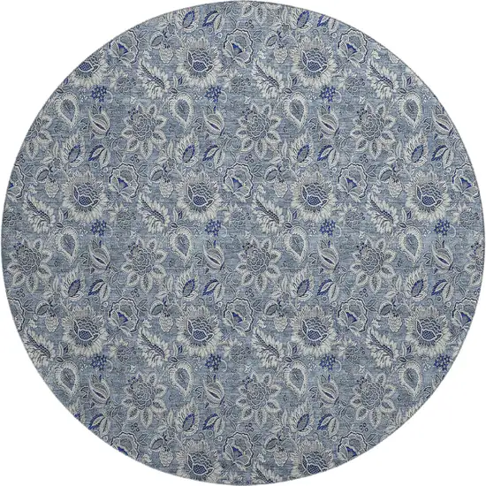8' Blue And Gray Floral Washable Round Rug With UV Protection Photo 1