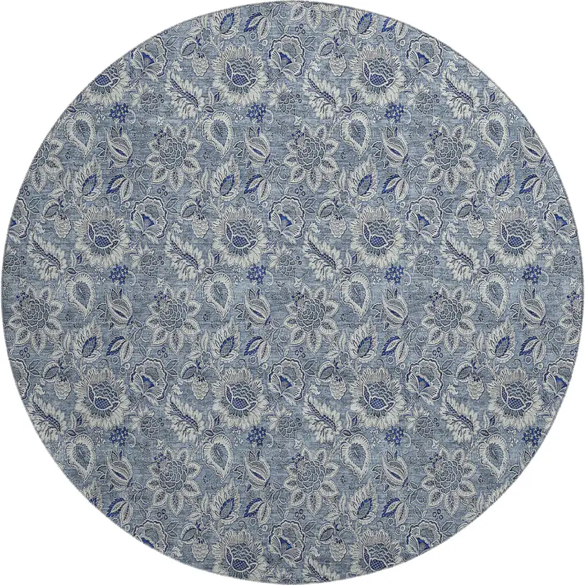 8' Blue And Gray Floral Washable Round Rug With UV Protection Photo 1