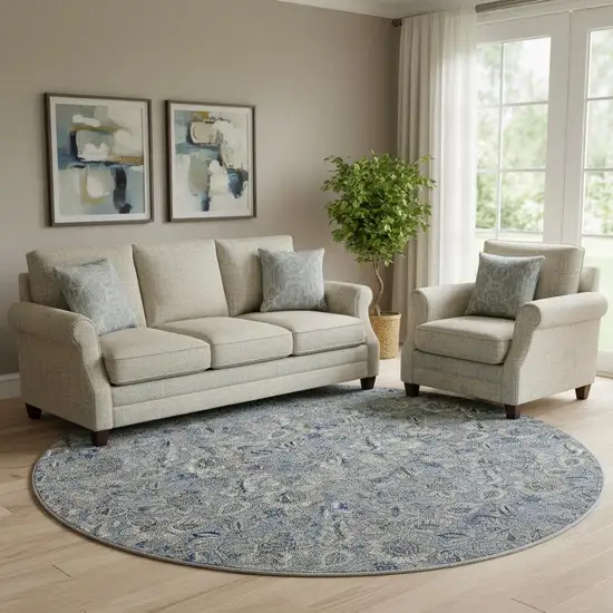 8' Blue And Gray Floral Washable Round Rug With UV Protection Photo 1