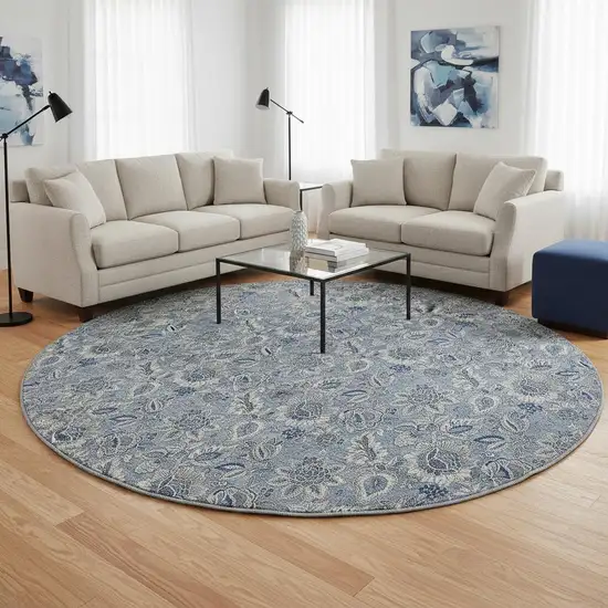 8' Blue And Gray Floral Washable Round Rug With UV Protection Photo 2