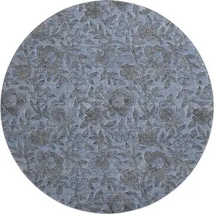 Photo of 8' Blue And Gray Floral Washable Round Rug With UV Protection