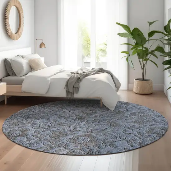 8' Blue And Gray Floral Washable Round Rug With UV Protection Photo 5