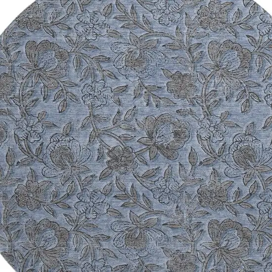 8' Blue And Gray Floral Washable Round Rug With UV Protection Photo 3