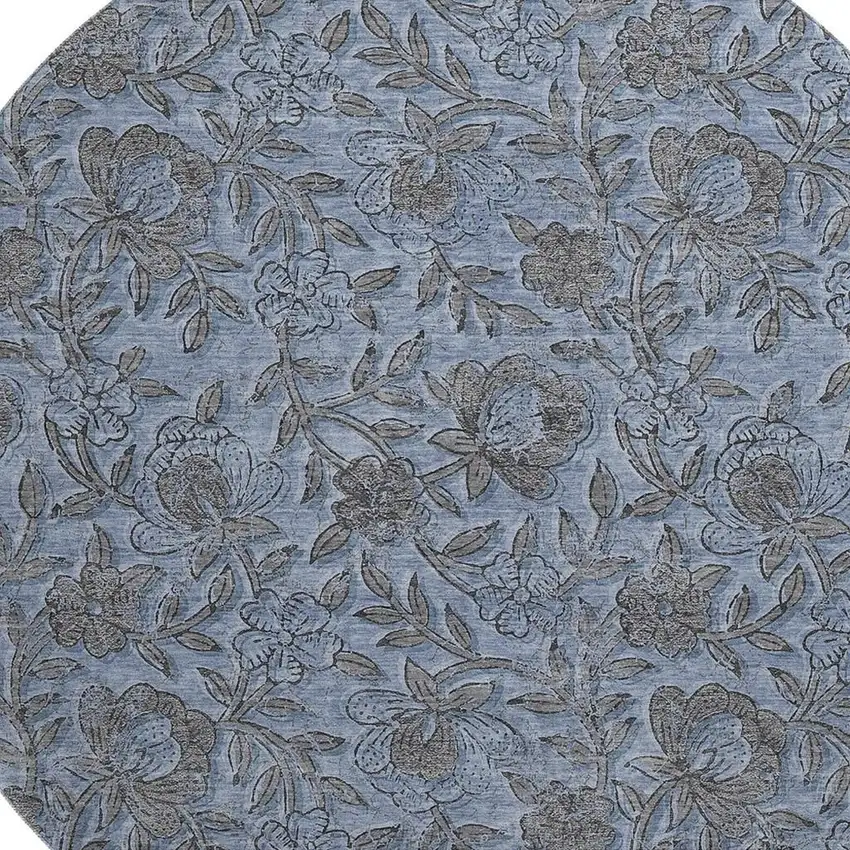 8' Blue And Gray Floral Washable Round Rug With UV Protection Photo 3