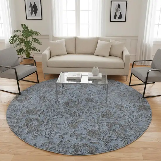 8' Blue And Gray Floral Washable Round Rug With UV Protection Photo 2