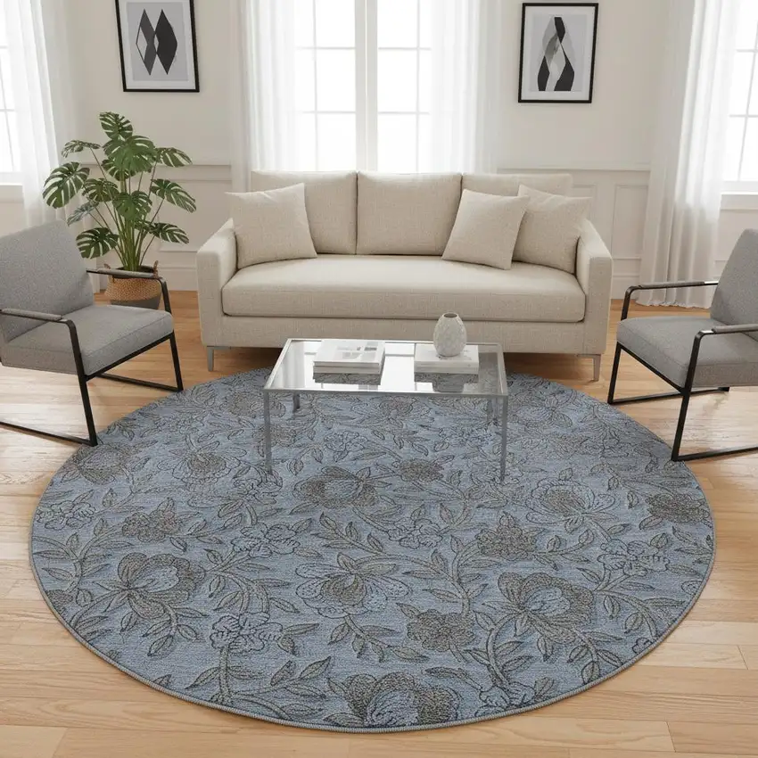 8' Blue And Gray Floral Washable Round Rug With UV Protection Photo 2