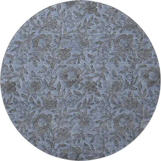 8' Blue And Gray Floral Washable Round Rug With UV Protection Photo 4