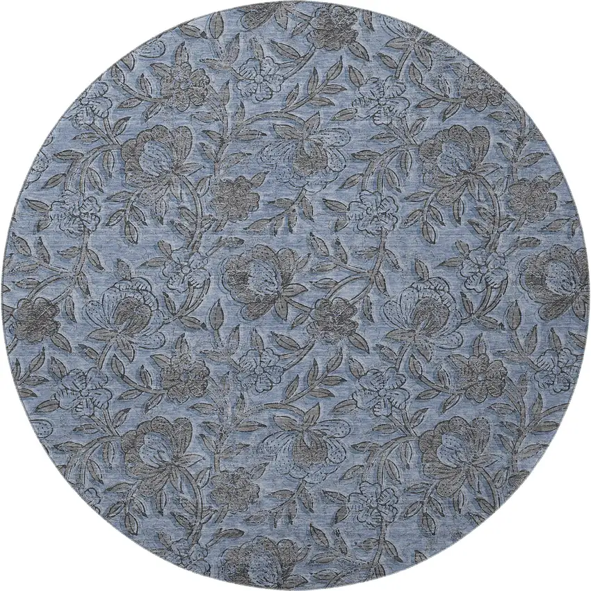 8' Blue And Gray Floral Washable Round Rug With UV Protection Photo 4
