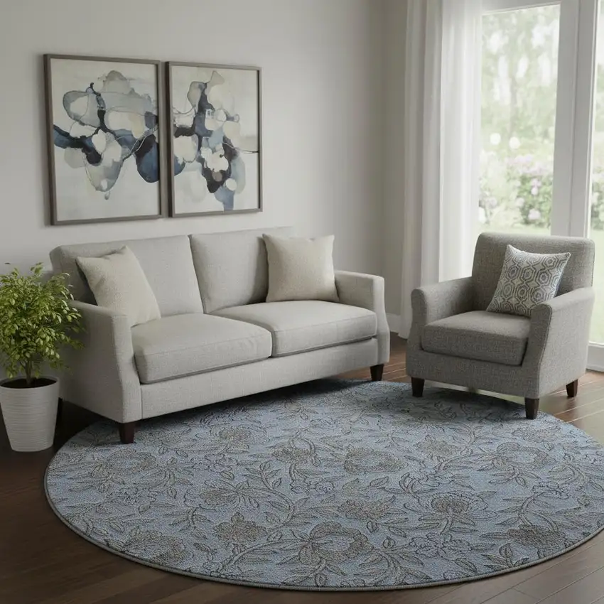 8' Blue And Gray Floral Washable Round Rug With UV Protection Photo 1