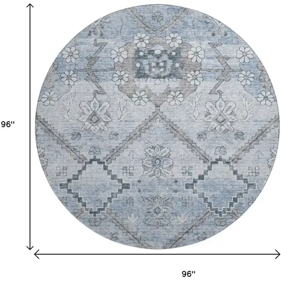 8' Blue And Gray Floral Washable Round Rug With UV Protection Photo 3