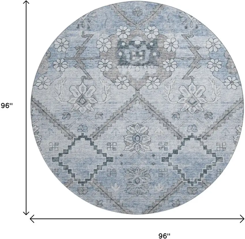 8' Blue And Gray Floral Washable Round Rug With UV Protection Photo 3