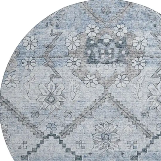 8' Blue And Gray Floral Washable Round Rug With UV Protection Photo 3