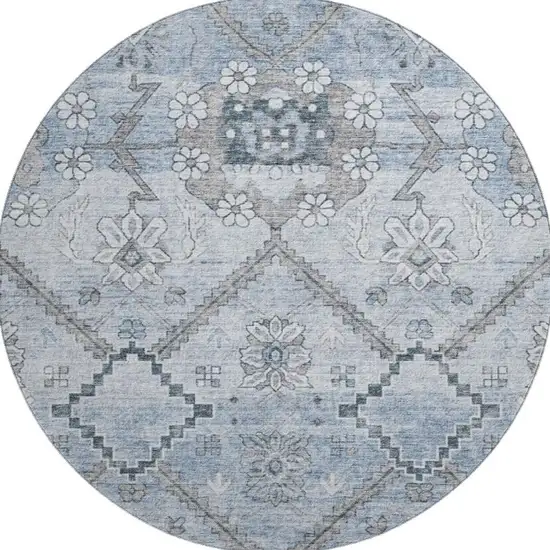 8' Blue And Gray Floral Washable Round Rug With UV Protection Photo 4